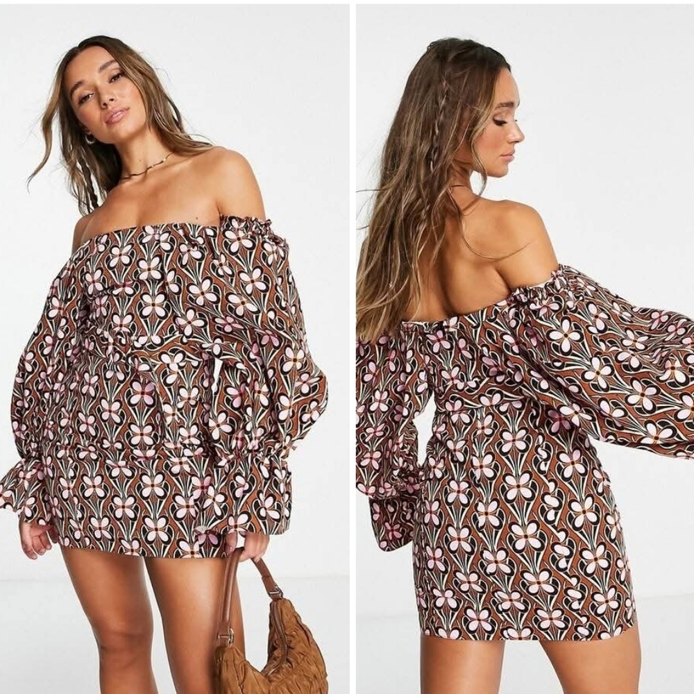 ASOS Off-Shoulder Floral Mini Dress - Black and Pink. NWT Size 4